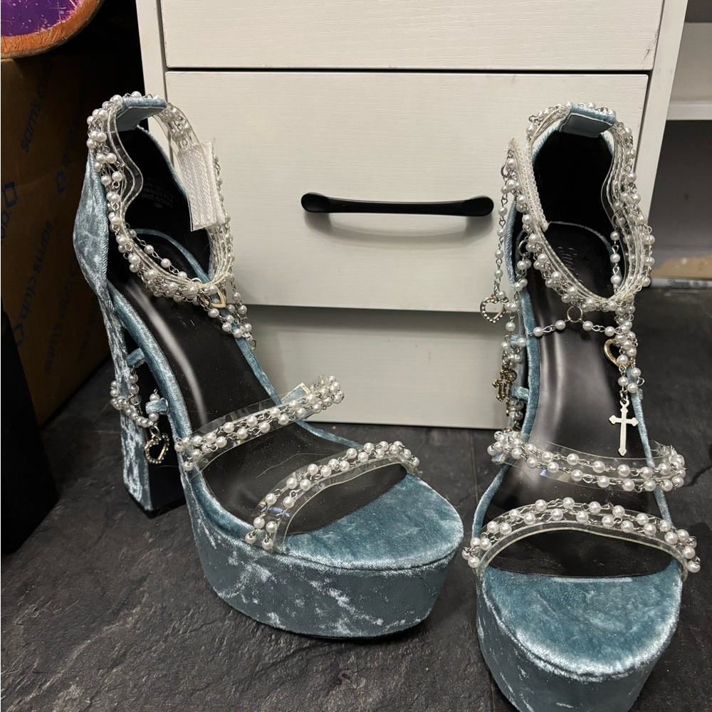 Dolls Kill Blue Velvet Pearl Platform Heels